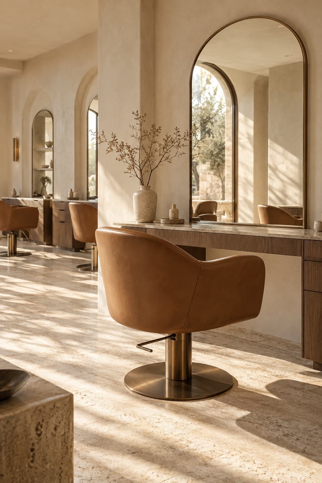 Maison DIVA interior concept: sunlit chairs and arched mirrors