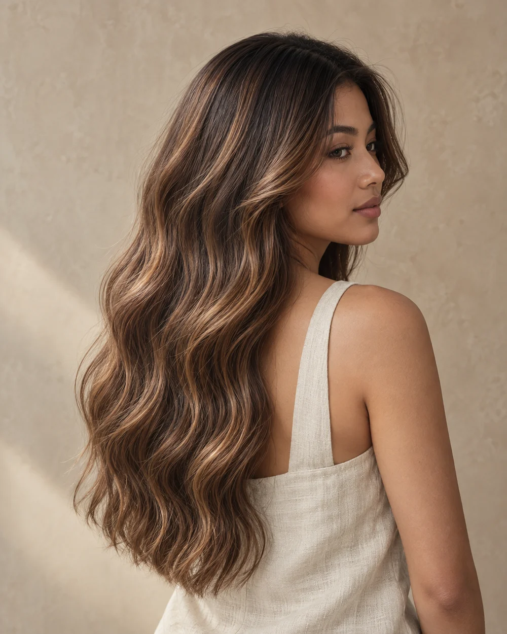 Hair inspiration: soft chestnut waves with caramel dimension