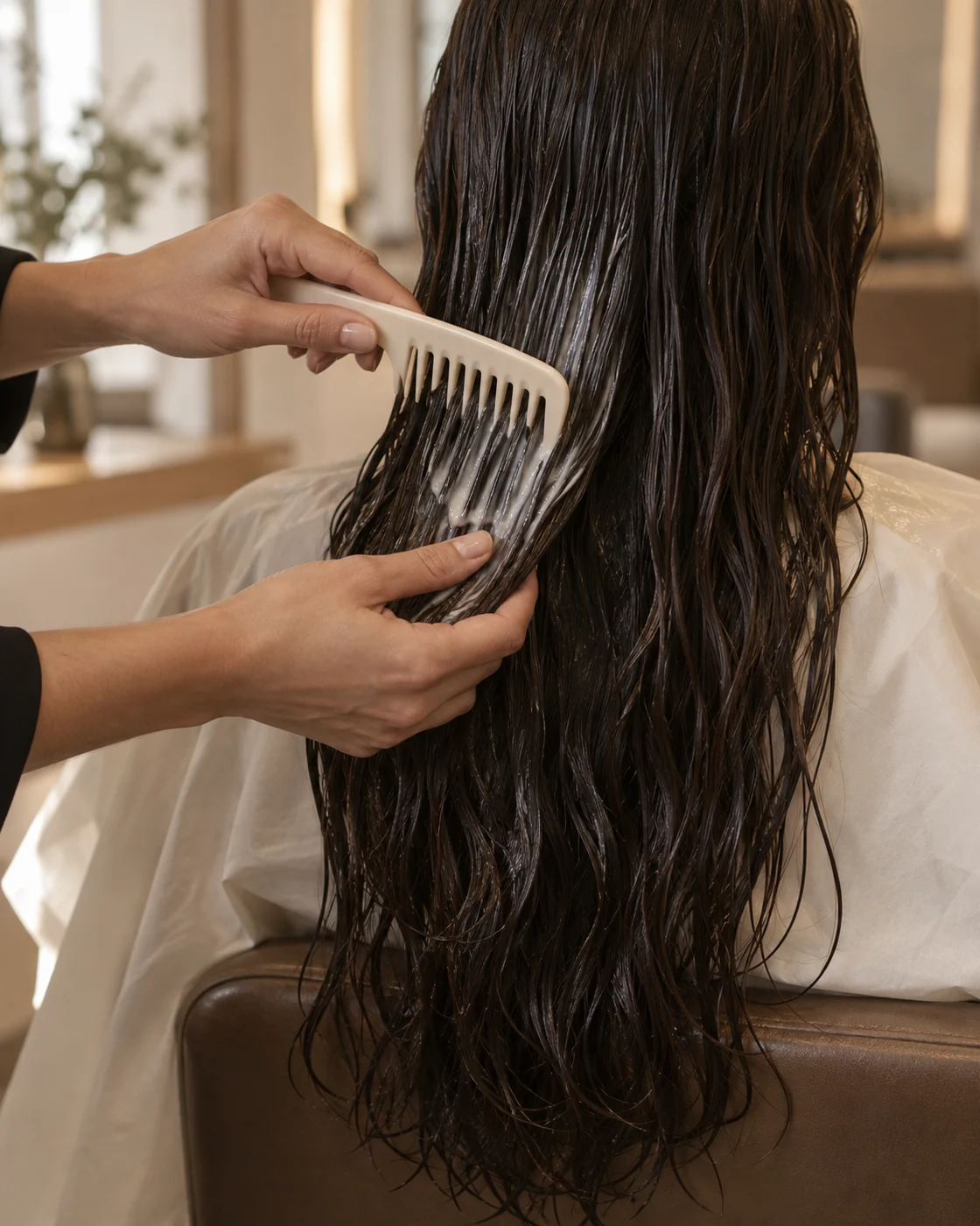 Concept salon photograph of conditioning care applied to long hair
